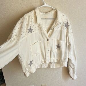 White Beaded With Silver Stars, POL White Jean Jacket, Large